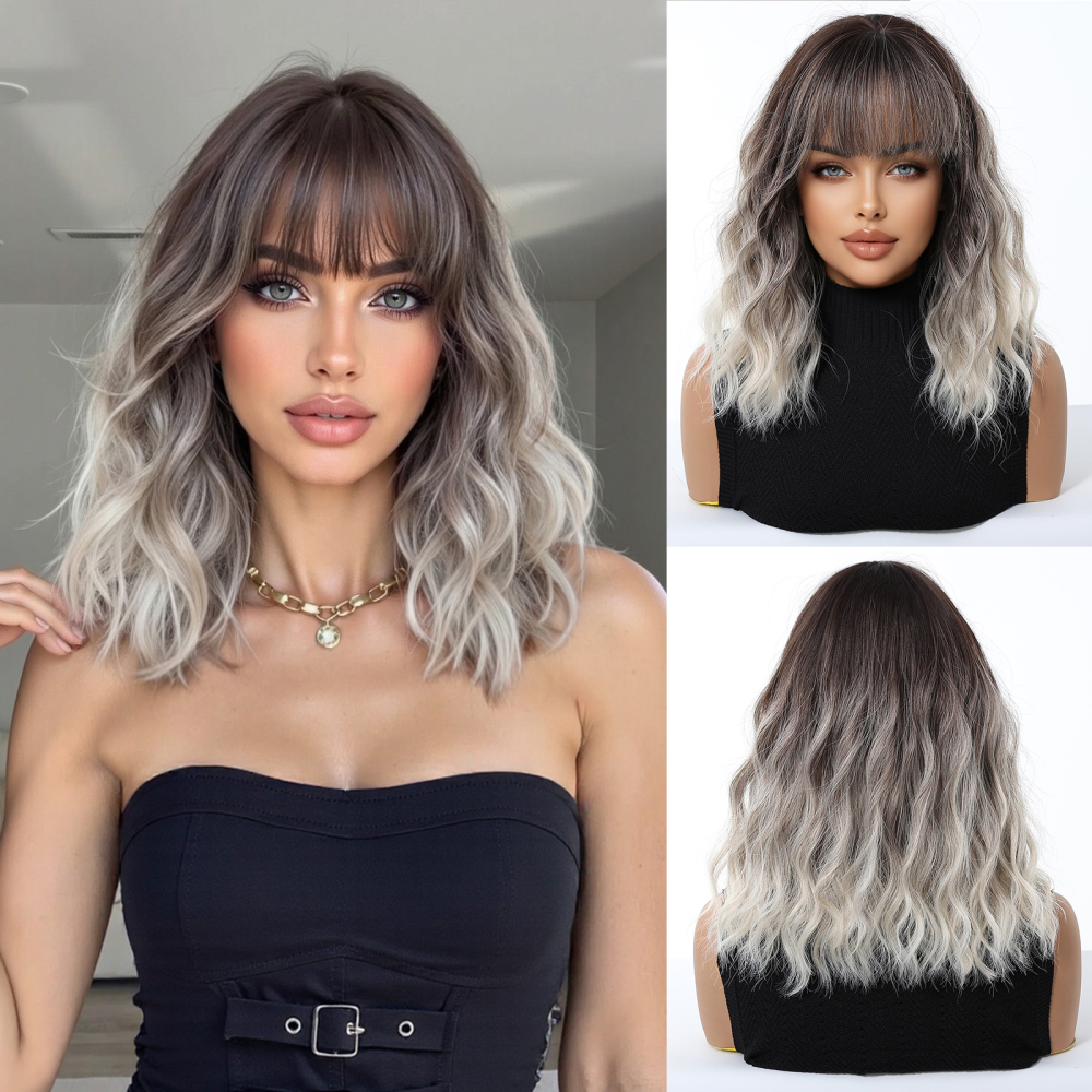 Shor wave Synthetic Natural  Wig with Bangs for Women Party Daily Cosplay Use Heat Resistant Fiber Wigs