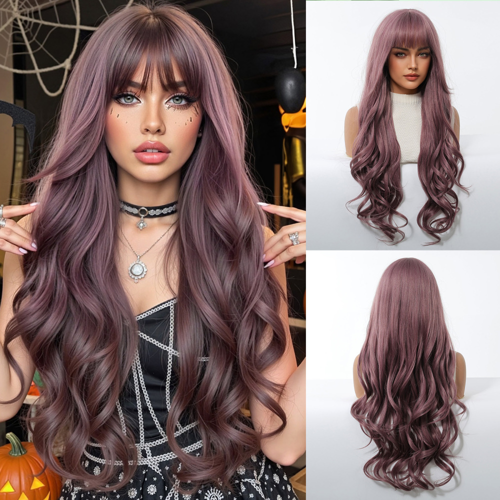 Halloween Synthetic Long Wavy Wigs with Bangs for Women Cosplay Party Wig Natural High Temperature Fiber Wigs