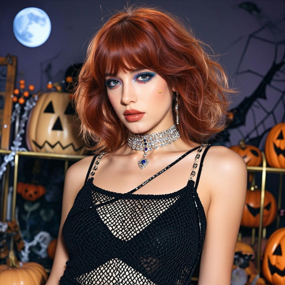 Halloween Synthetic Long Wavy Wigs with Bangs for Women Cosplay Party Wig Natural High Temperature Fiber Wigs