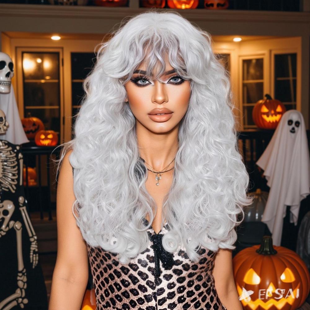 Halloween Synthetic Long Wavy Wigs with Bangs for Women Cosplay Party Wig Natural High Temperature Fiber Wigs
