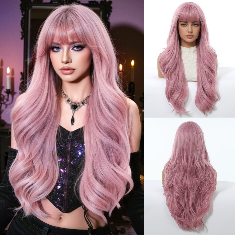 Synthetic Long Wavy Wigs with Bangs for Women Cosplay Wigs Natural High Temperature Fiber Wigs