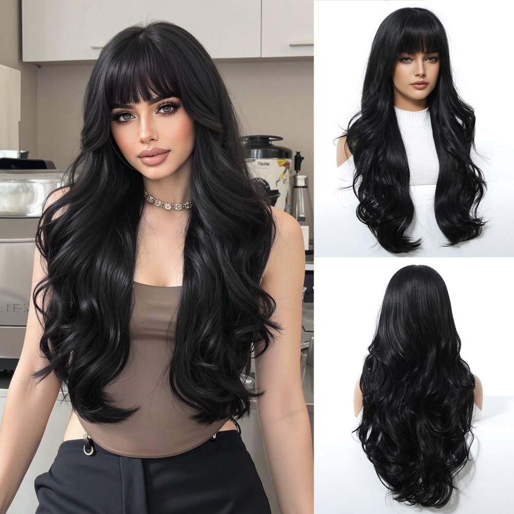 Short wave Synthetic Natural  Wig with Bangs for Women Party Daily Cosplay Use Heat Resistant Fiber Wigs