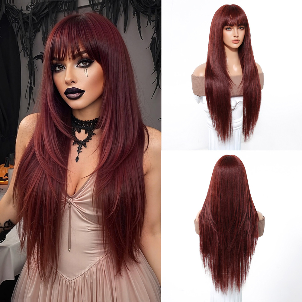 Synthetic Long Wavy Wigs with Bangs for Women Cosplay Wigs Natural High Temperature Fiber Wigs