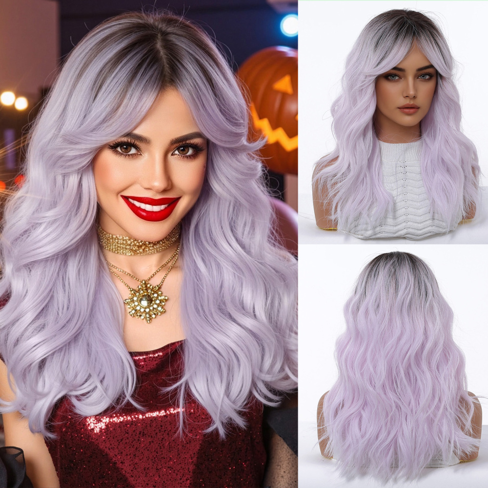 Halloween Synthetic Long Wavy Wigs with Bangs for Women Cosplay Party Wig Natural High Temperature Fiber Wigs