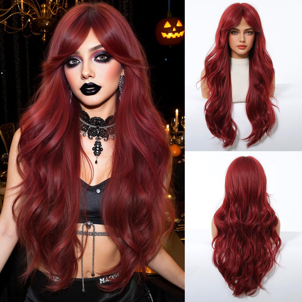 Halloween Synthetic Long Wavy Wigs with Bangs for Women Cosplay Party Wig Natural High Temperature Fiber Wigs