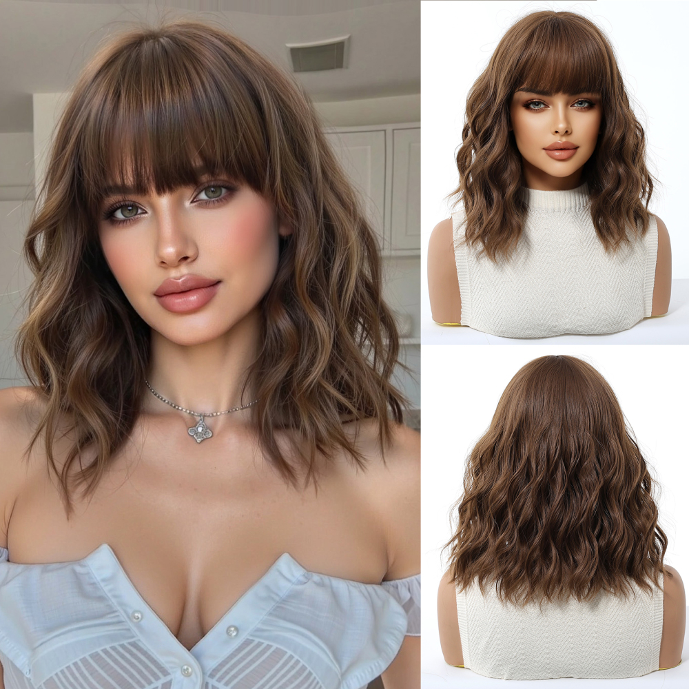 Shor wave Synthetic Natural  Wig with Bangs for Women Party Daily Cosplay Use Heat Resistant Fiber Wigs