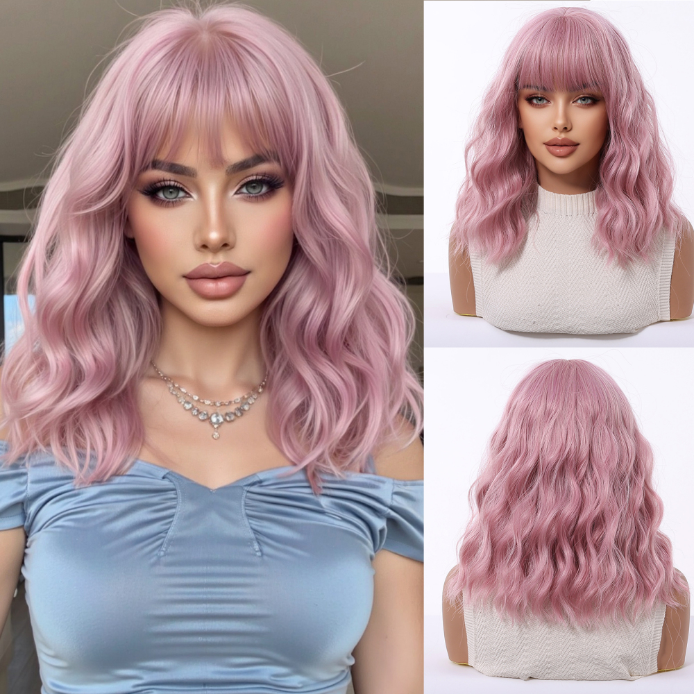 Shor wave Synthetic Natural  Wig with Bangs for Women Party Daily Cosplay Use Heat Resistant Fiber Wigs