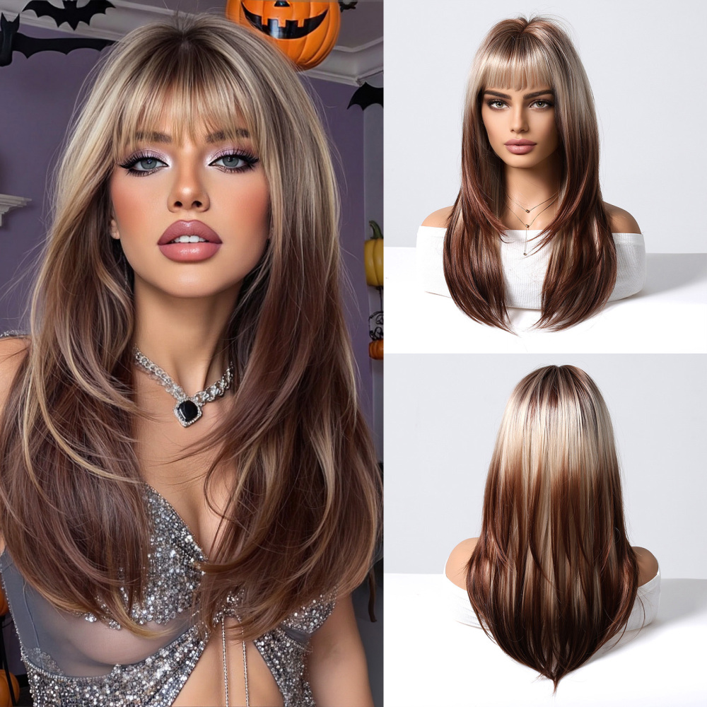 Halloween Synthetic Long Wavy Wigs with Bangs for Women Cosplay Party Wig Natural High Temperature Fiber Wigs