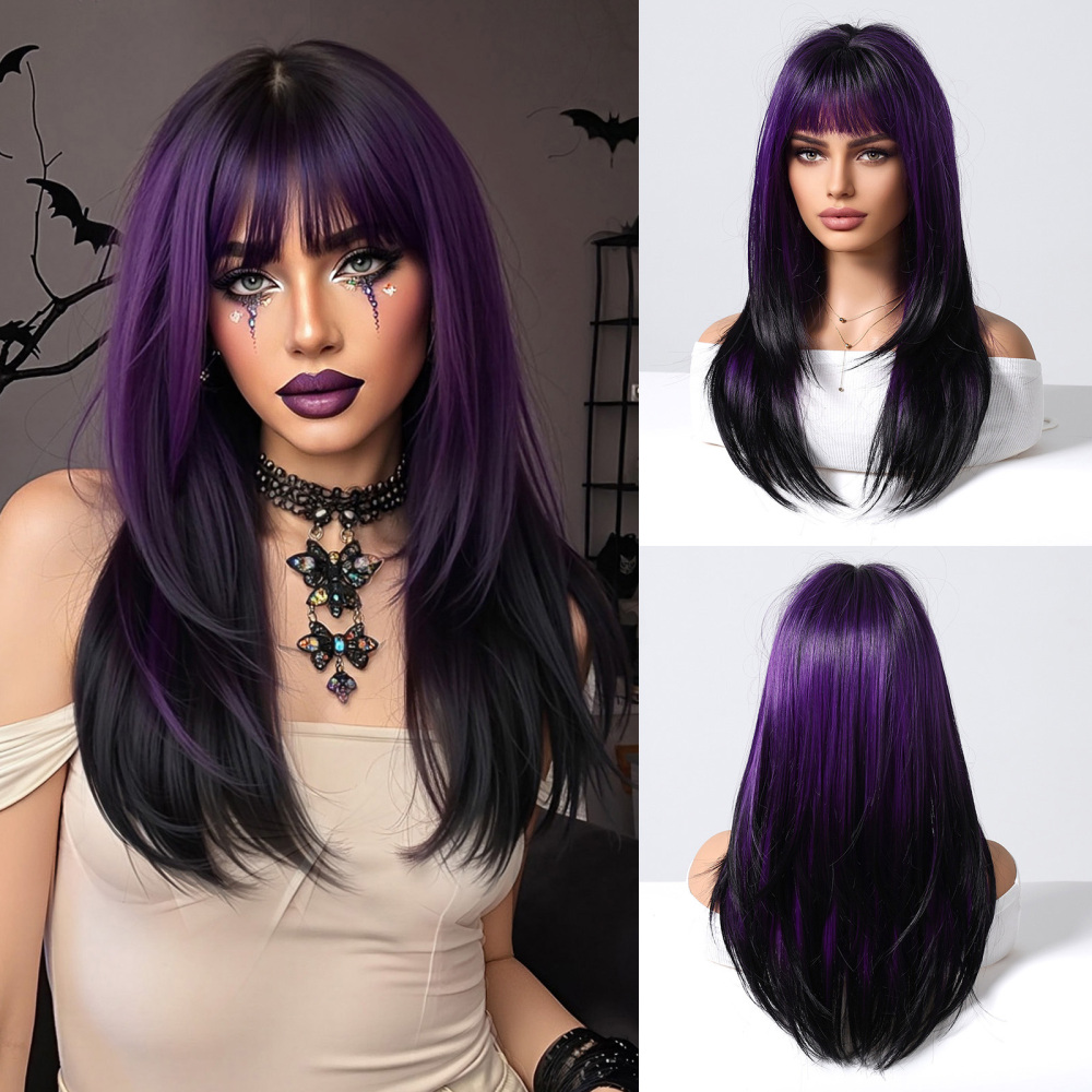 Halloween Synthetic Long Wavy Wigs with Bangs for Women Cosplay Party Wig Natural High Temperature Fiber Wigs