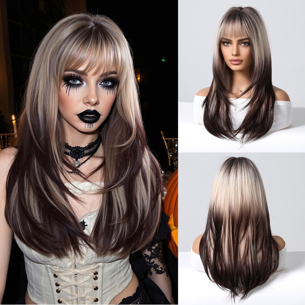 Halloween Synthetic Long Wavy Wigs with Bangs for Women Cosplay Party Wig Natural High Temperature Fiber Wigs