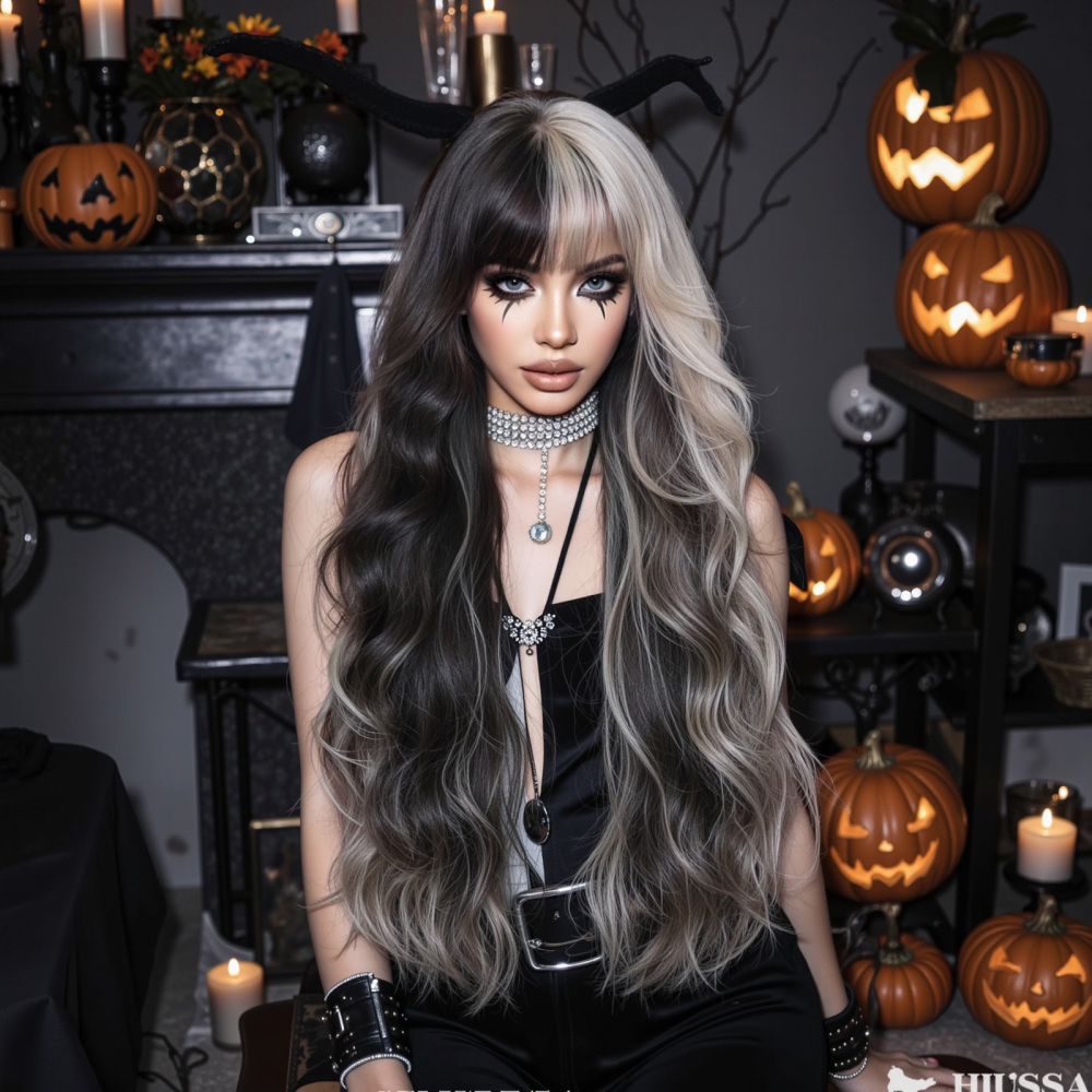 Halloween Synthetic Long Wavy Wigs with Bangs for Women Cosplay Party Wig Natural High Temperature Fiber Wigs