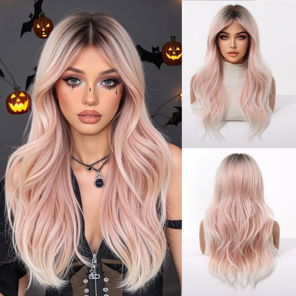 Halloween Synthetic Long Wavy Wigs with Bangs for Women Cosplay Party Wig Natural High Temperature Fiber Wigs