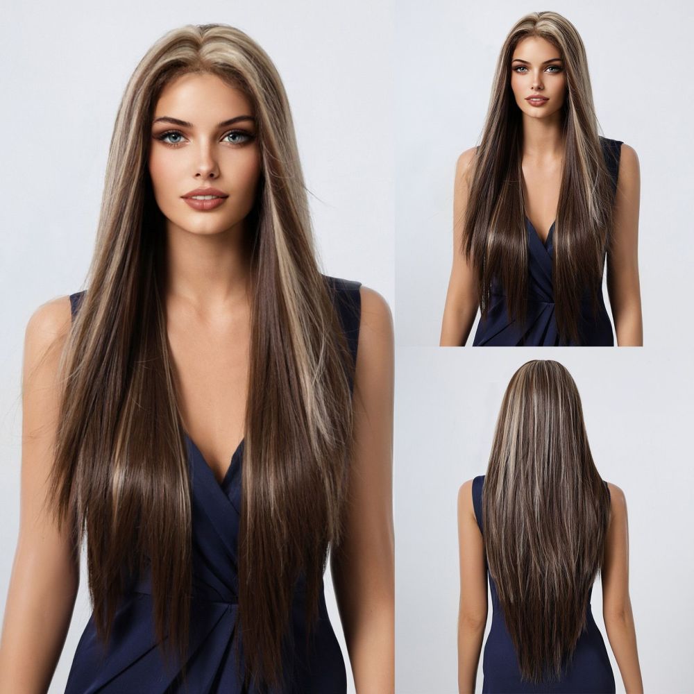 13*6 Lace Front Synthetic Wigs for Women Mixed Brown Synthetic Natural Wig Long Straight Lace Front Wigs