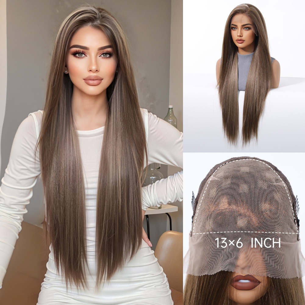 13*6 Lace Front Synthetic Wigs for Women Mixed Brown Synthetic Natural Wig Long Straight Lace Front Wigs