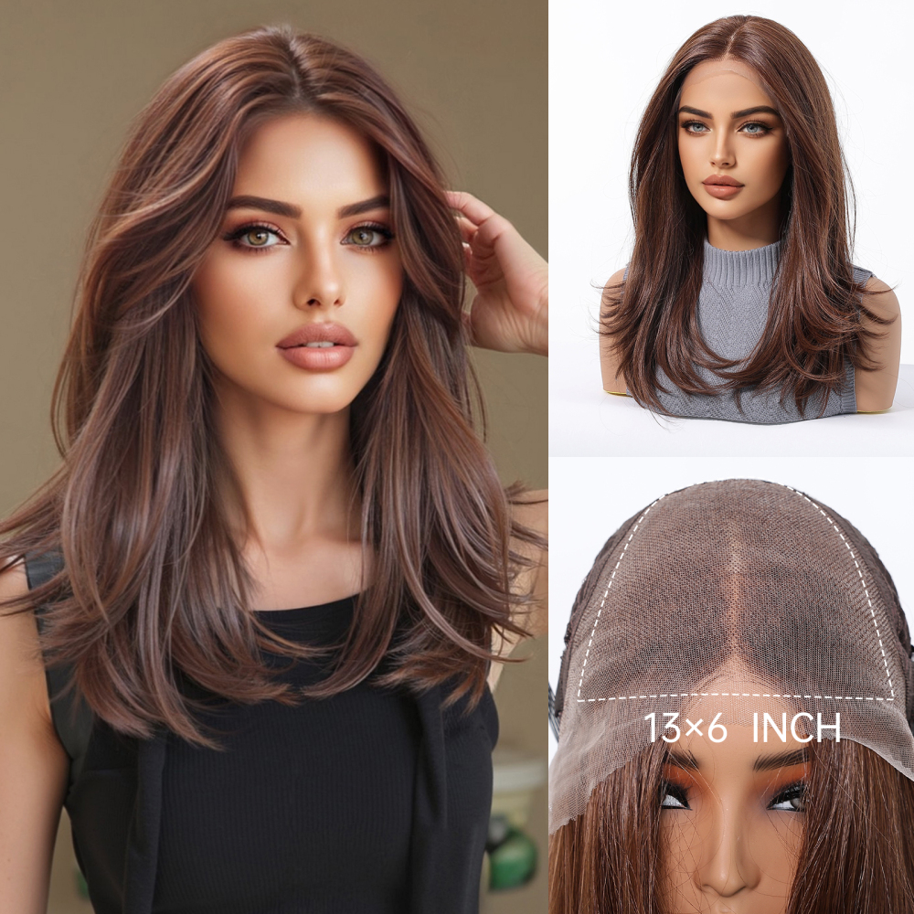 13*6 Lace Front Synthetic Wigs for Women Mixed Brown Synthetic Natural Wig Long Straight Lace Front Wigs