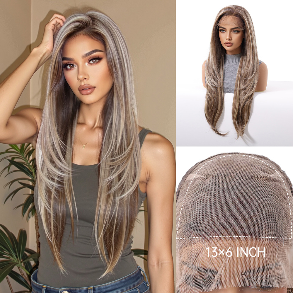 13*6 Lace Front Synthetic Wigs for Women Mixed Brown Synthetic Natural Wig Long Straight Lace Front Wigs
