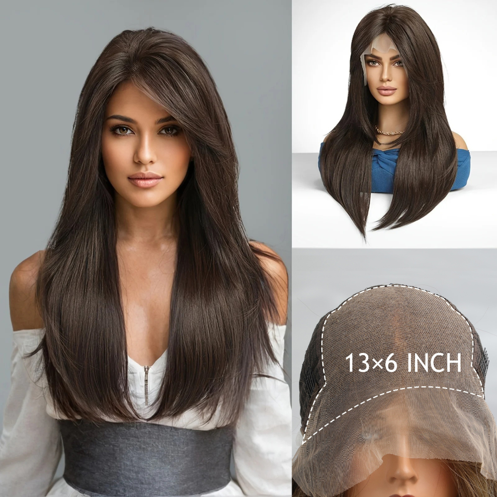 13*6 Lace Front Synthetic Wigs for Women Mixed Brown Synthetic Natural Wig Long Straight Lace Front Wigs