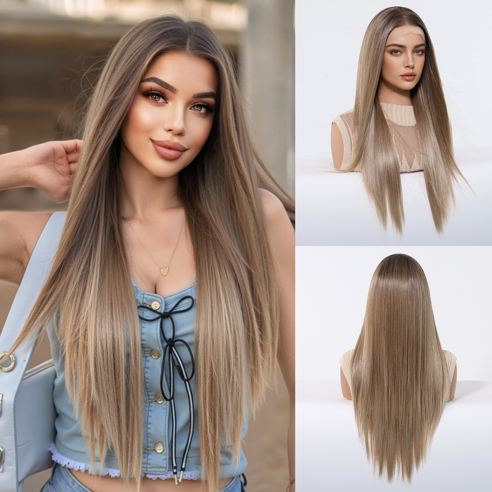 13*6 Lace Front Synthetic Wigs for Women Mixed Brown Synthetic Natural Wig Long Straight Lace Front Wigs