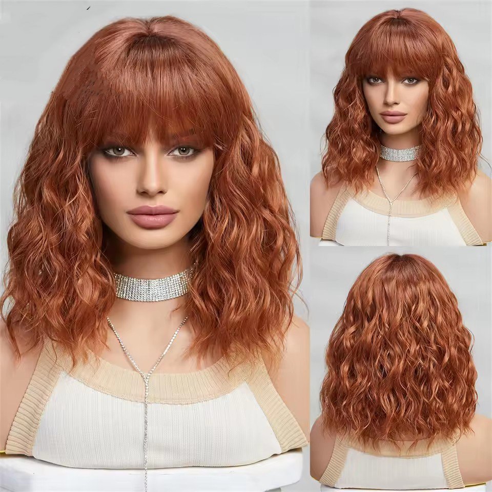 Natural Short Curly  Bob Synthetic Wigs with bangs Woman daily Wear Wigs Non Lace Heat Resistant wig