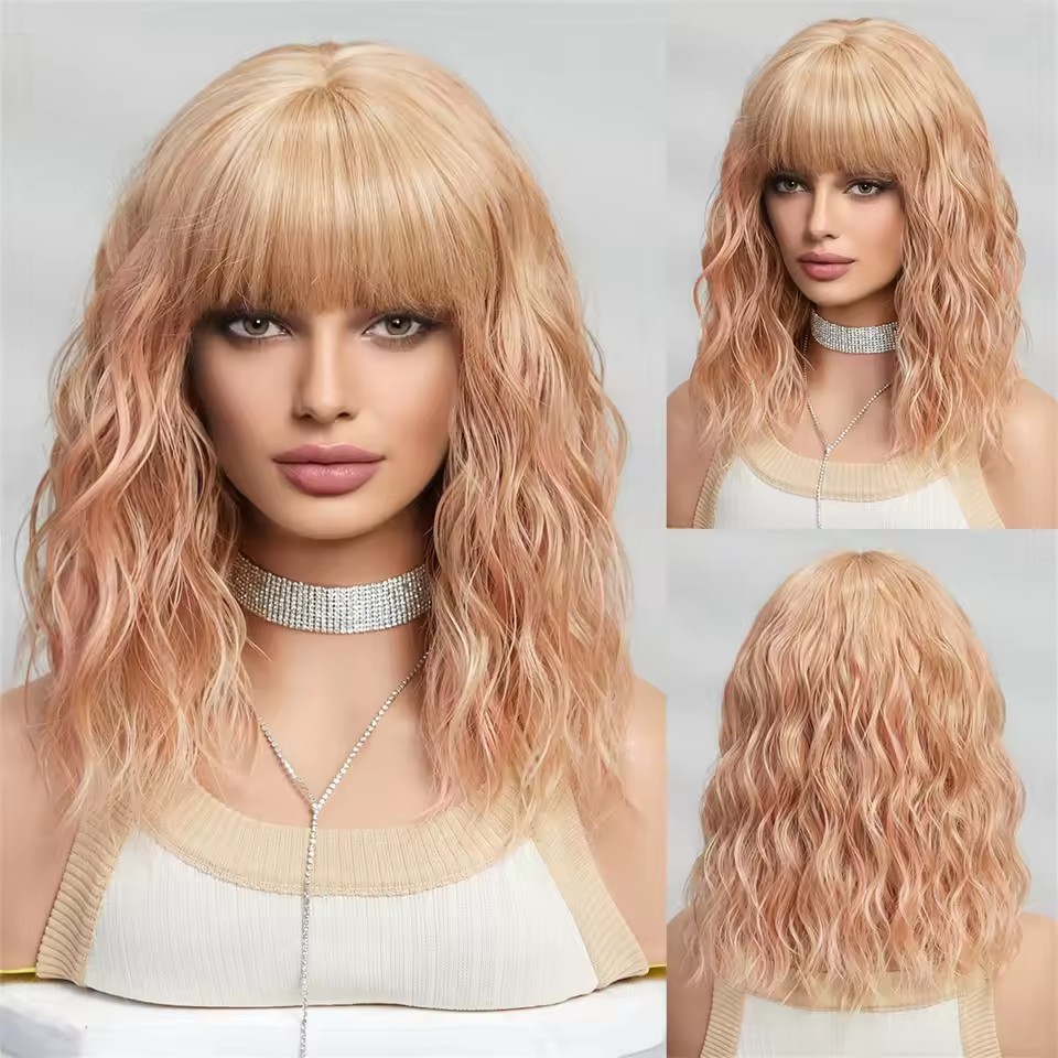 Natural Short Curly  Bob Synthetic Wigs with bangs Woman daily Wear Wigs Non Lace Heat Resistant wig