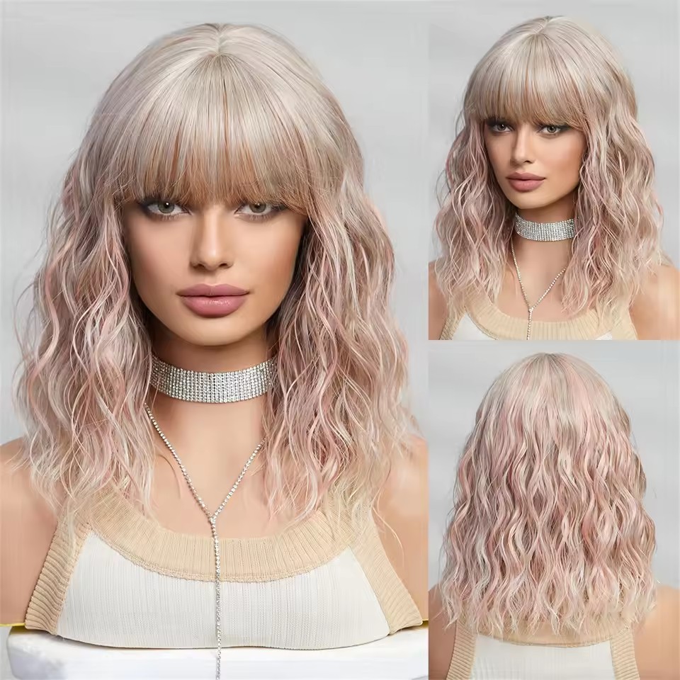 Natural Short Curly  Bob Synthetic Wigs with bangs Woman daily Wear Wigs Non Lace Heat Resistant wig