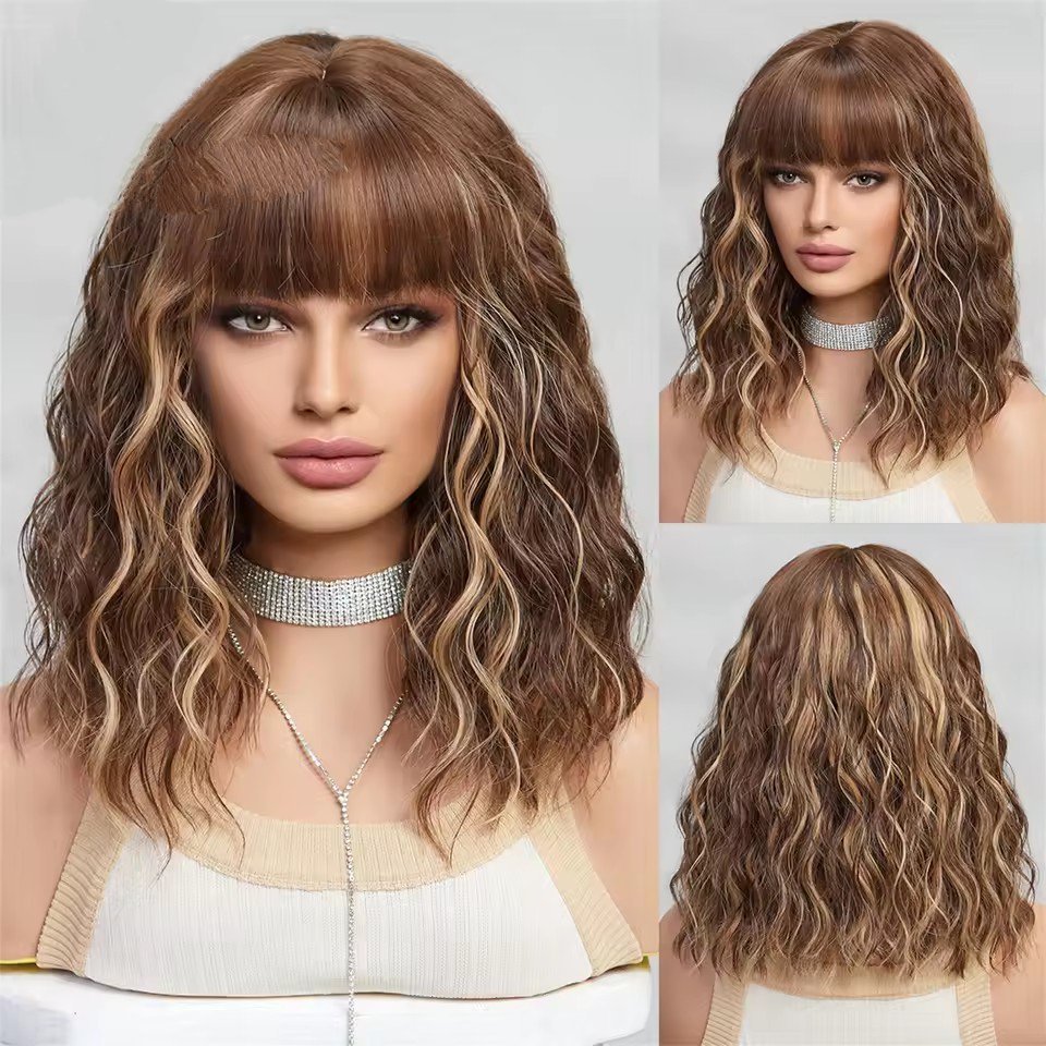 Natural Short Curly  Bob Synthetic Wigs with bangs Woman daily Wear Wigs Non Lace Heat Resistant wig