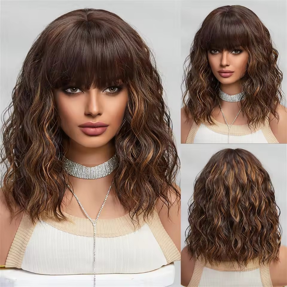 Natural Short Curly  Bob Synthetic Wigs with bangs Woman daily Wear Wigs Non Lace Heat Resistant wig