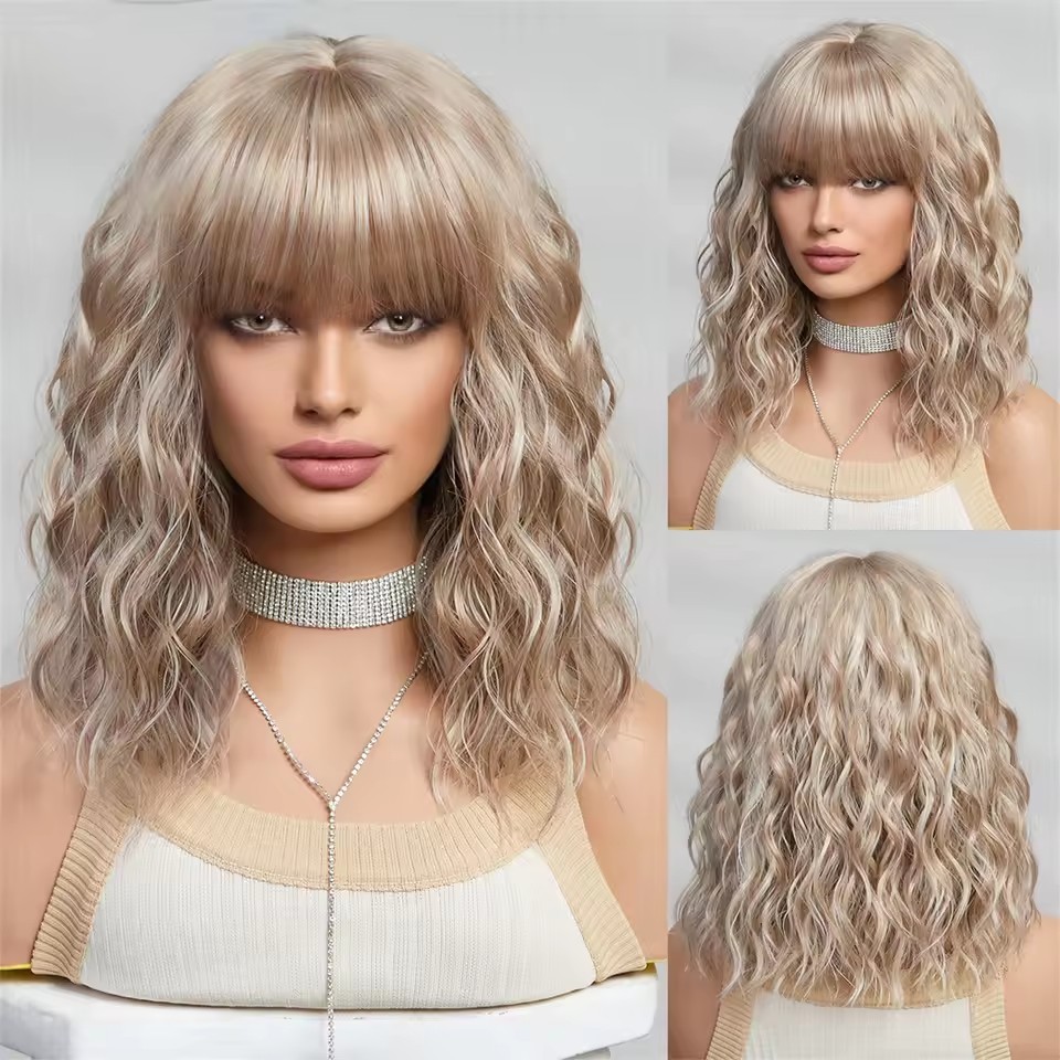 Natural Short Curly  Bob Synthetic Wigs with bangs Woman daily Wear Wigs Non Lace Heat Resistant wig