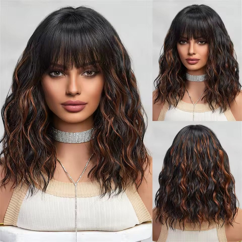 Natural Short Curly  Bob Synthetic Wigs with bangs Woman daily Wear Wigs Non Lace Heat Resistant wig
