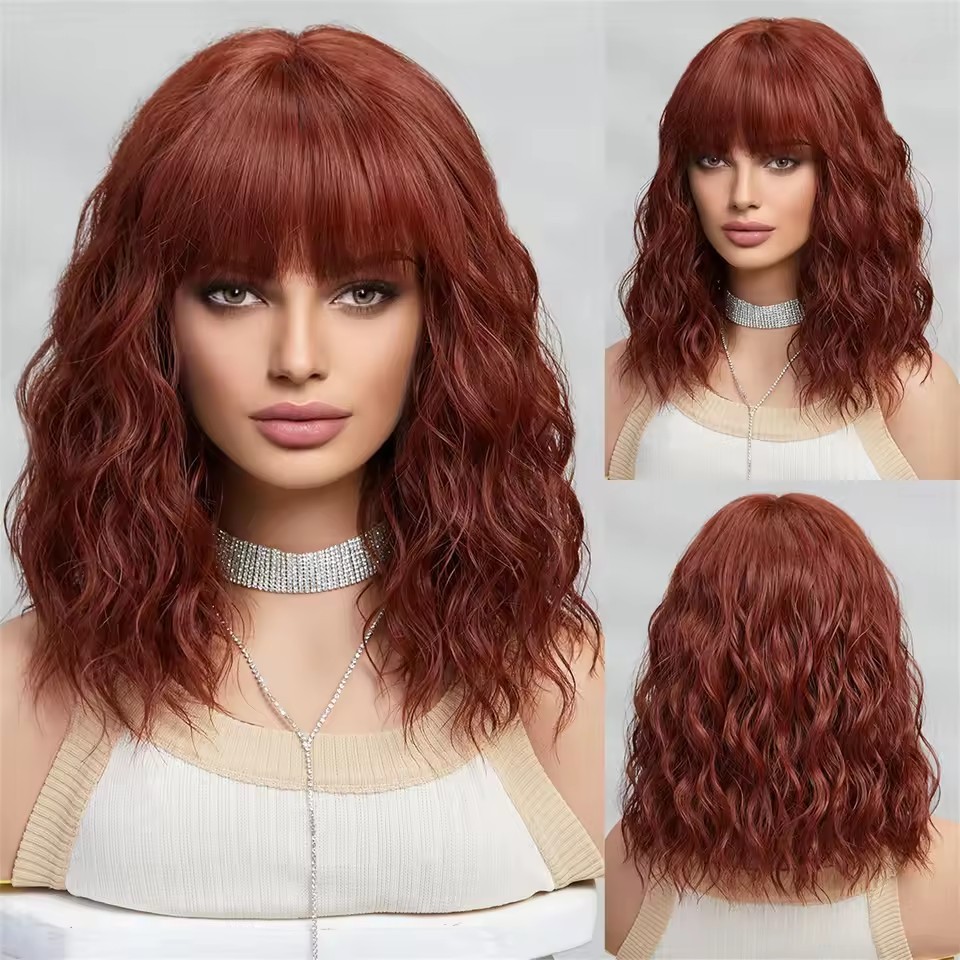 Natural Short Curly  Bob Synthetic Wigs with bangs Woman daily Wear Wigs Non Lace Heat Resistant wig