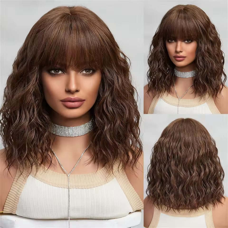 Natural Short Curly  Bob Synthetic Wigs with bangs Woman daily Wear Wigs Non Lace Heat Resistant wig