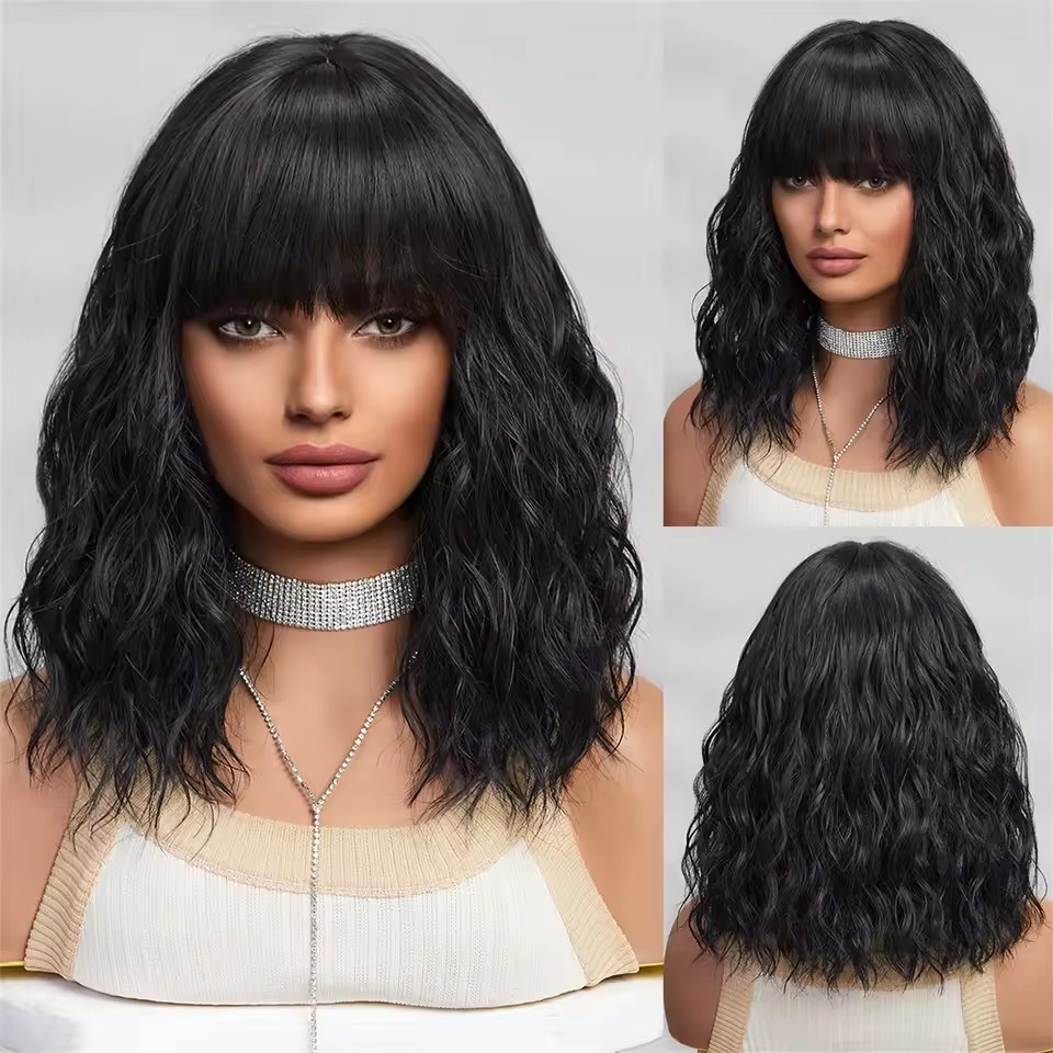Natural Short Curly  Bob Synthetic Wigs with bangs Woman daily Wear Wigs Non Lace Heat Resistant wig