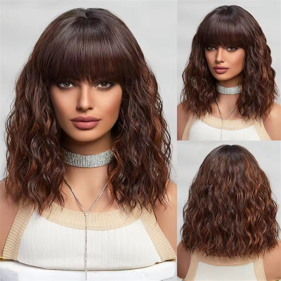 Natural Short Curly  Bob Synthetic Wigs with bangs Woman daily Wear Wigs Non Lace Heat Resistant wig