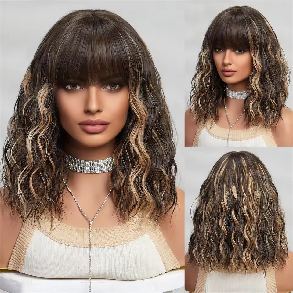 Natural Short Curly  Bob Synthetic Wigs with bangs Woman daily Wear Wigs Non Lace Heat Resistant wig