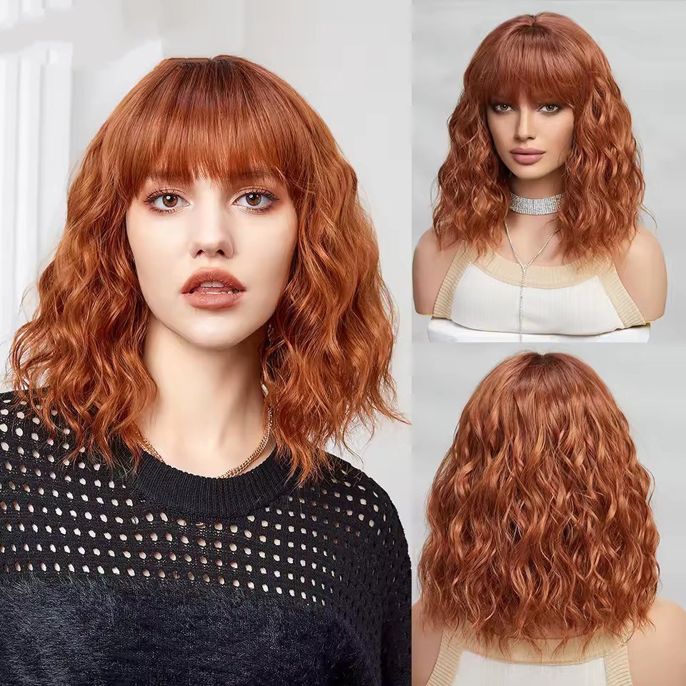 Natural Short Curly  Bob Synthetic Wigs with bangs Woman daily Wear Wigs Non Lace Heat Resistant wig