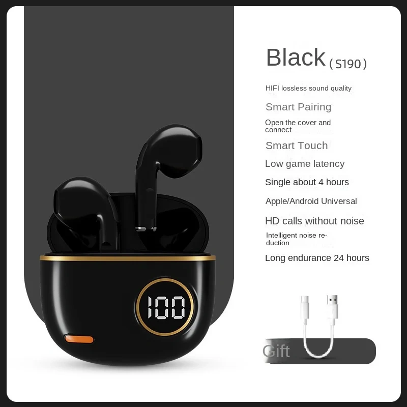 S190 Source Factory Wholesale Game Music Wireless Bluetooth Headset Sports Electric in-Ear Noise Reduction Power Display