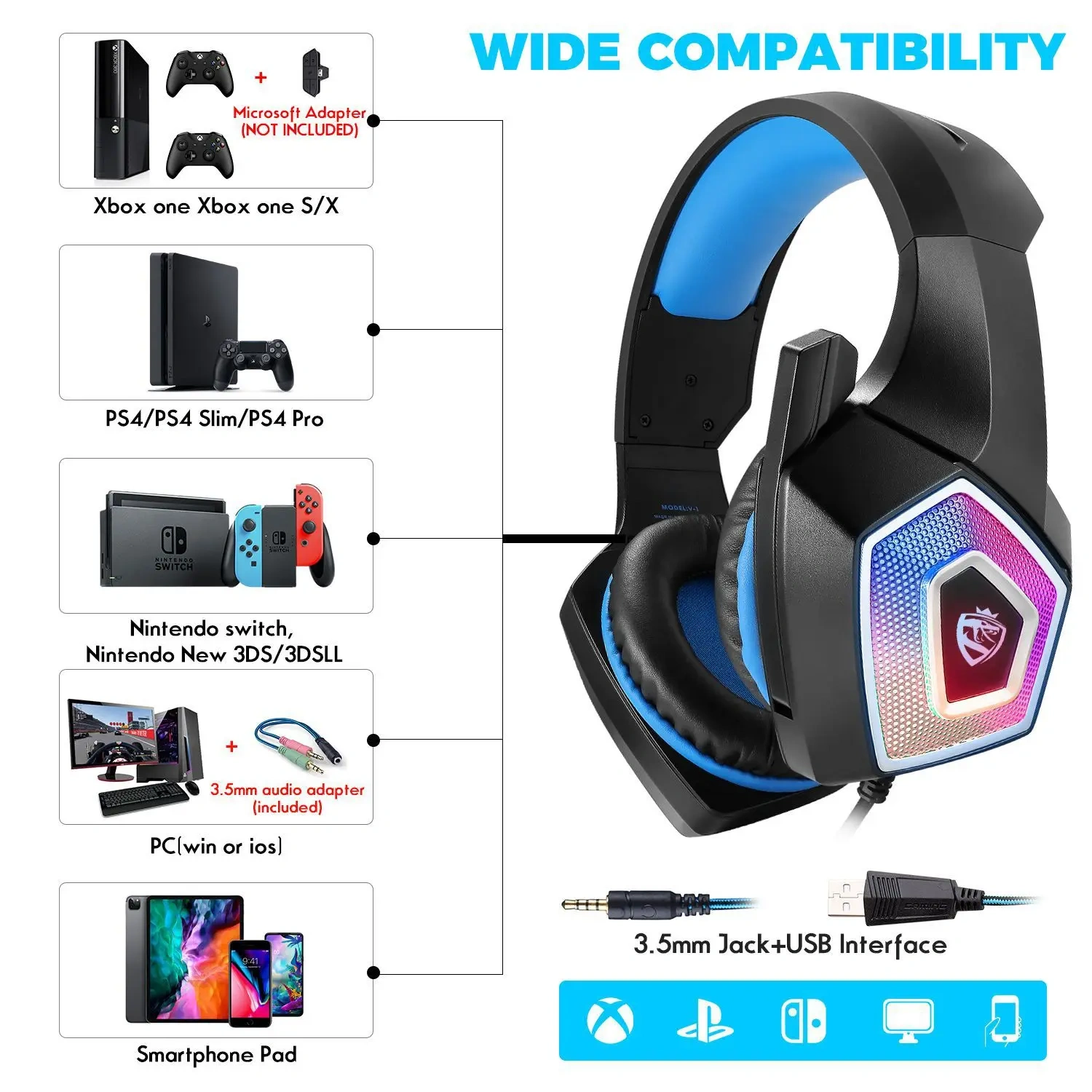 Cross-border V1 Headset Game Headset RGB Colorful Wired Headset Subwoofer Headset PS4 E-sports Eat Chicken
