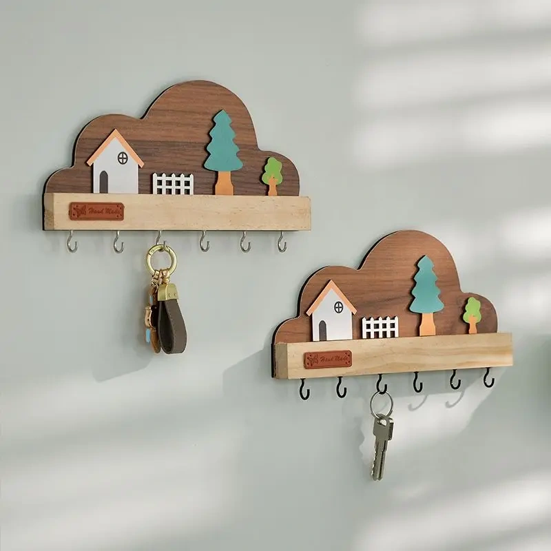 Entrance Key Storage Ins Solid Wood Punching Wall Hook Door Creative Cute Wall-mounted Decoration