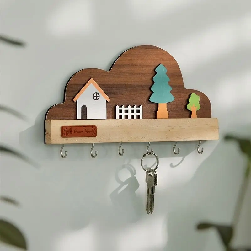 Entrance Key Storage Ins Solid Wood Punching Wall Hook Door Creative Cute Wall-mounted Decoration