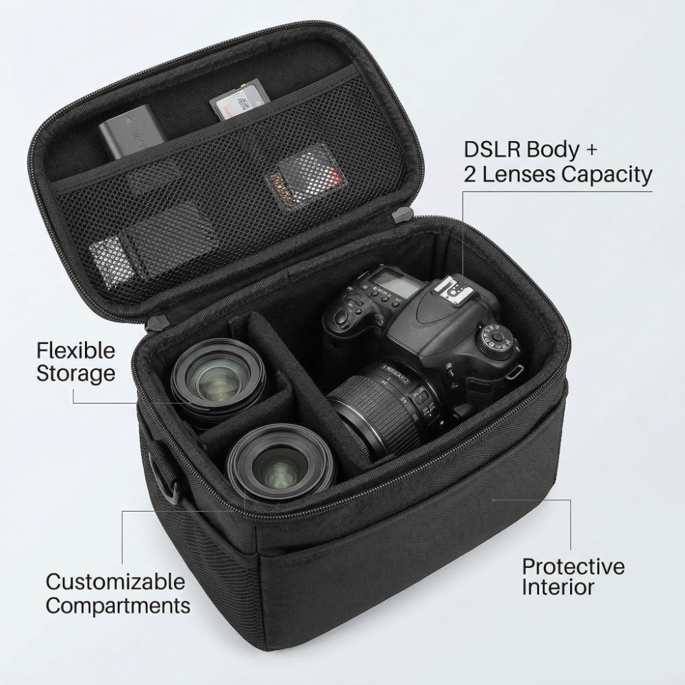 Durable Lightweight Camera Case for DSLR Body + 2 Lenses, Protective Interior & Flexible Storage, Portable Camera Shoulder Bag for Travel & Outdoor Adventure