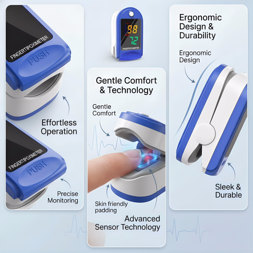 Portable Fingertip Pulse Oximeter with One-Button Measurement, 8s Fast Reading & Crystal Clear LED Display - Blood Oxygen Monitor