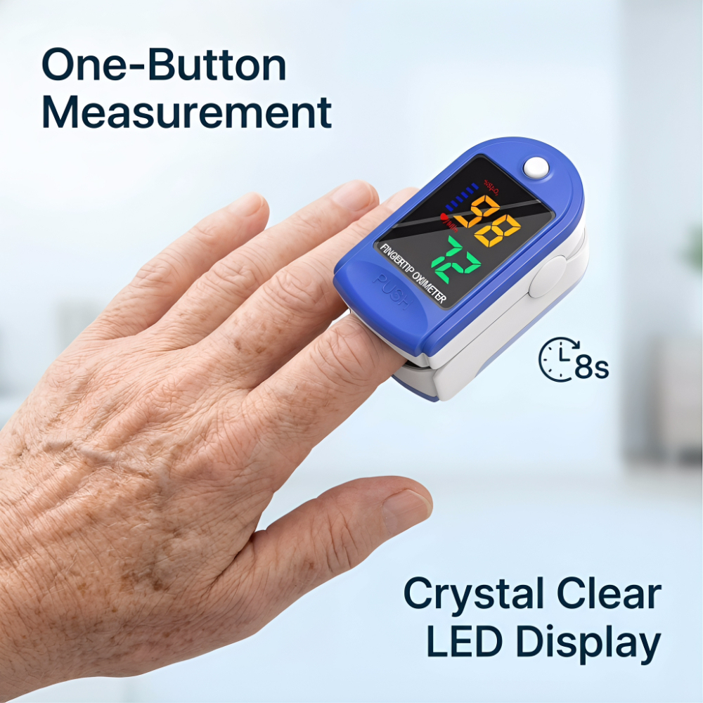 Portable Fingertip Pulse Oximeter with One-Button Measurement, 8s Fast Reading & Crystal Clear LED Display - Blood Oxygen Monitor