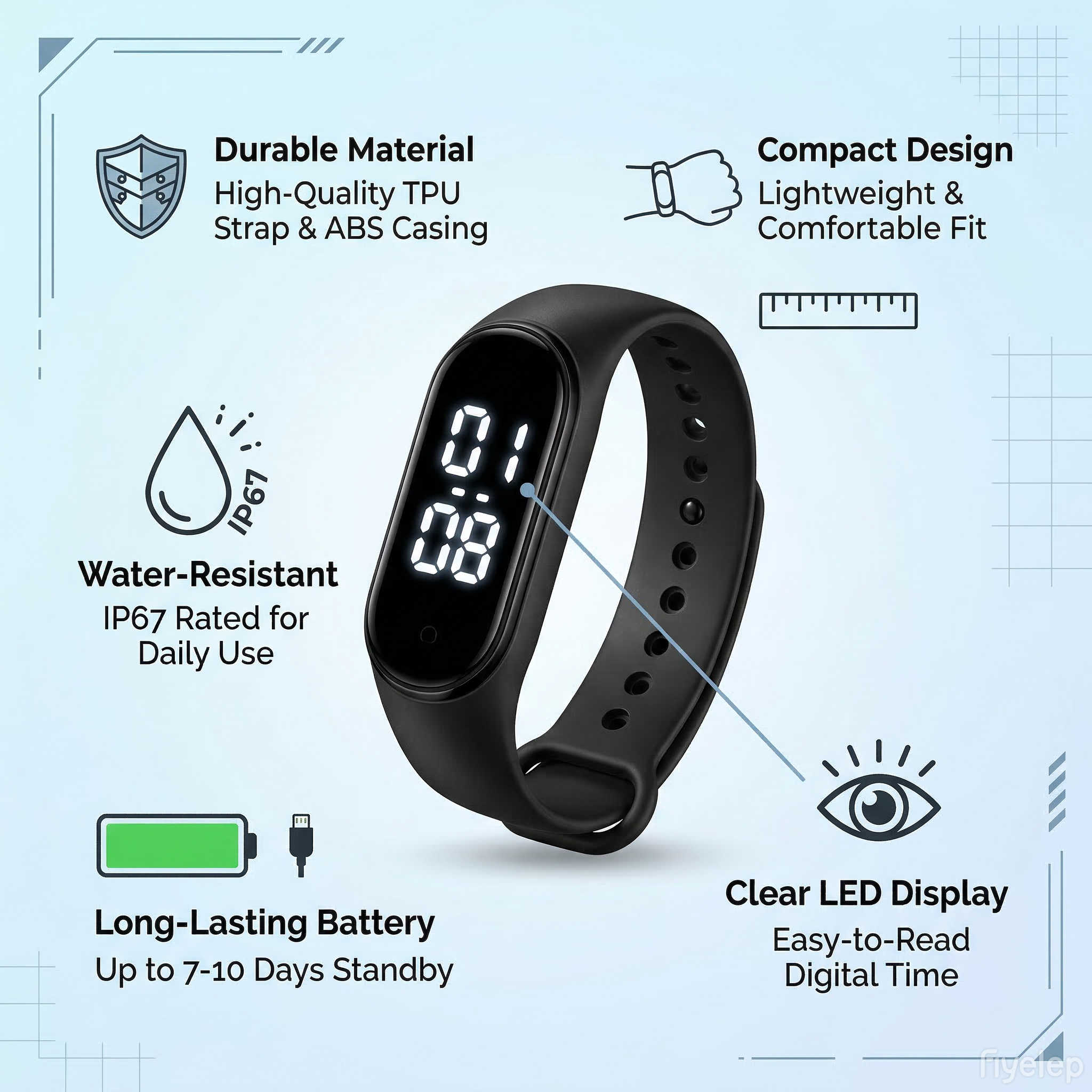 LED Digital Watch for Students – Waterproof Sports Bracelet with Comfortable Silicone Band, Crystal Clear LED Display, Durable Electronic Wristwatch for Daily Wear