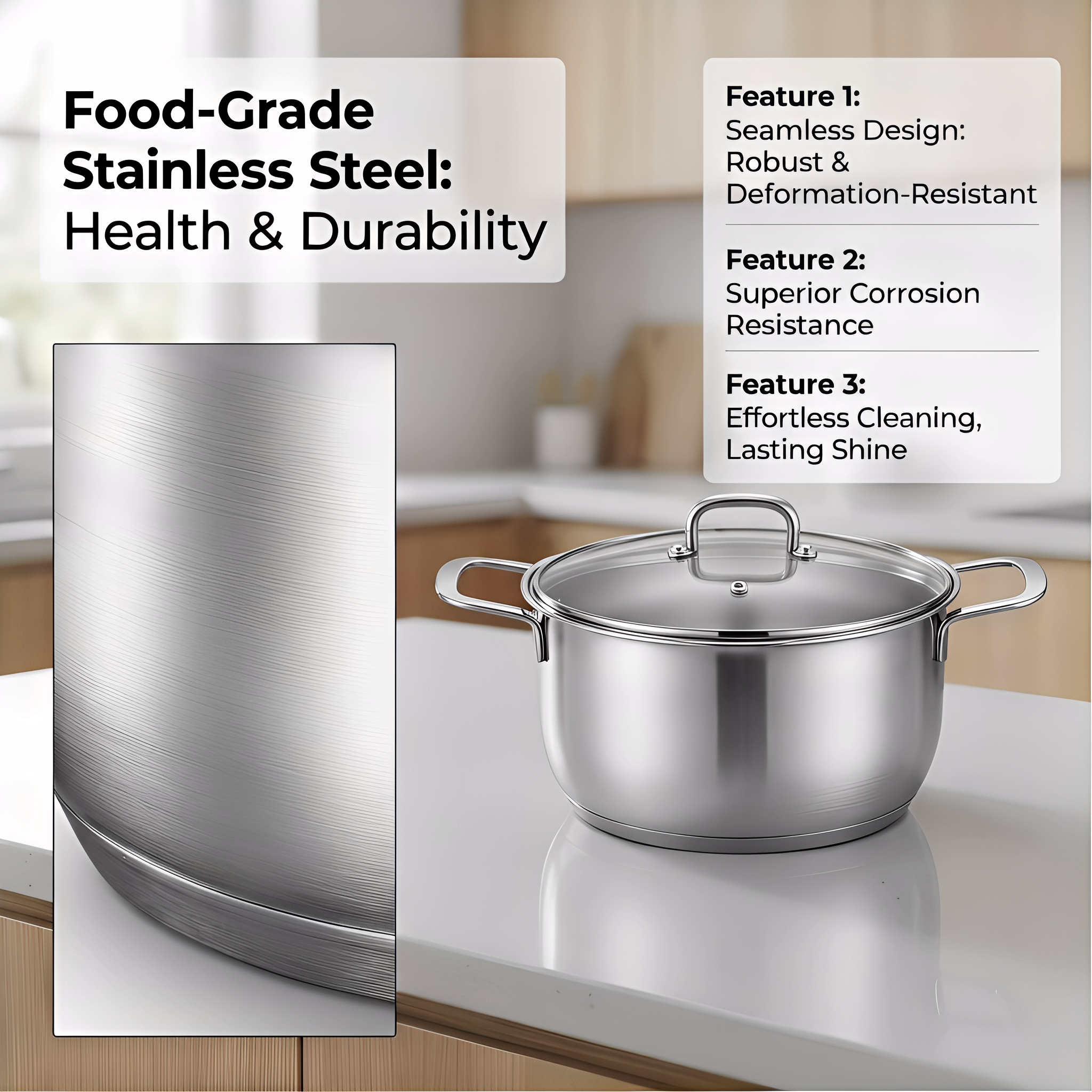 24cm Premium Stainless Steel Stock Pot with Glass Lid, Even Heat Distribution, Durable & Easy to Clean, Induction & All Cooktops Safe, Versatile Cooking Pot for Soups, Stews, Pasta