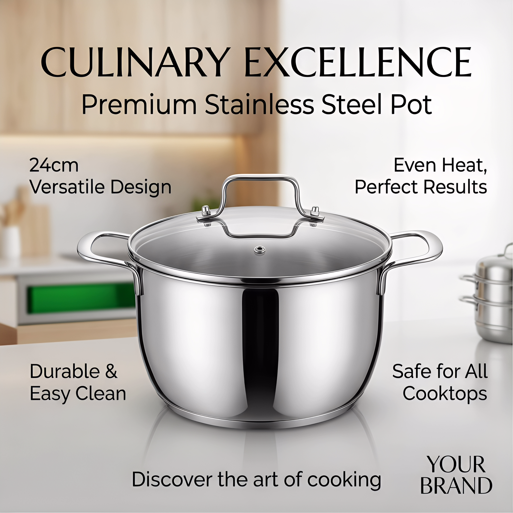 24cm Premium Stainless Steel Stock Pot with Glass Lid, Even Heat Distribution, Durable & Easy to Clean, Induction & All Cooktops Safe, Versatile Cooking Pot for Soups, Stews, Pasta
