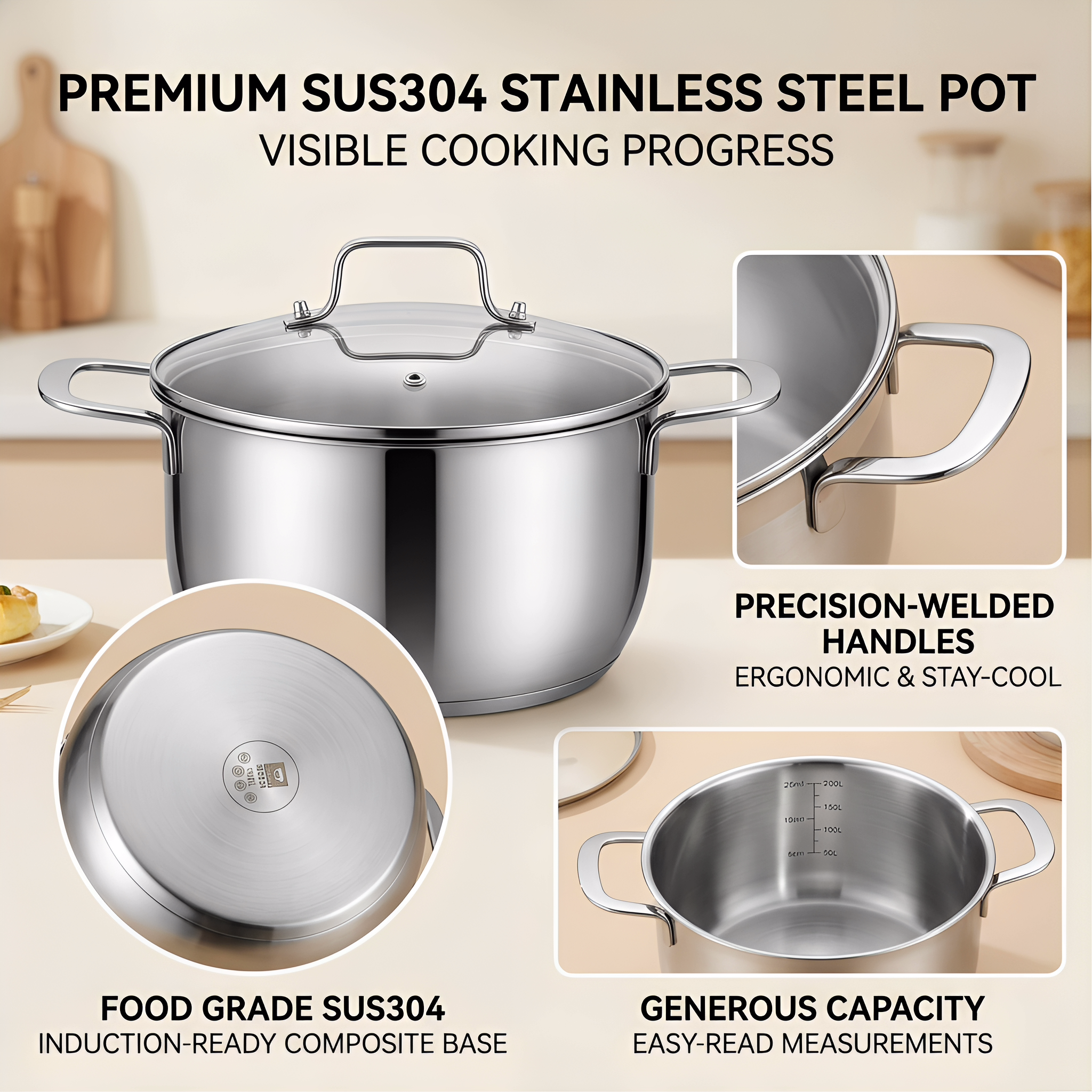 24cm Premium Stainless Steel Stock Pot with Glass Lid, Even Heat Distribution, Durable & Easy to Clean, Induction & All Cooktops Safe, Versatile Cooking Pot for Soups, Stews, Pasta