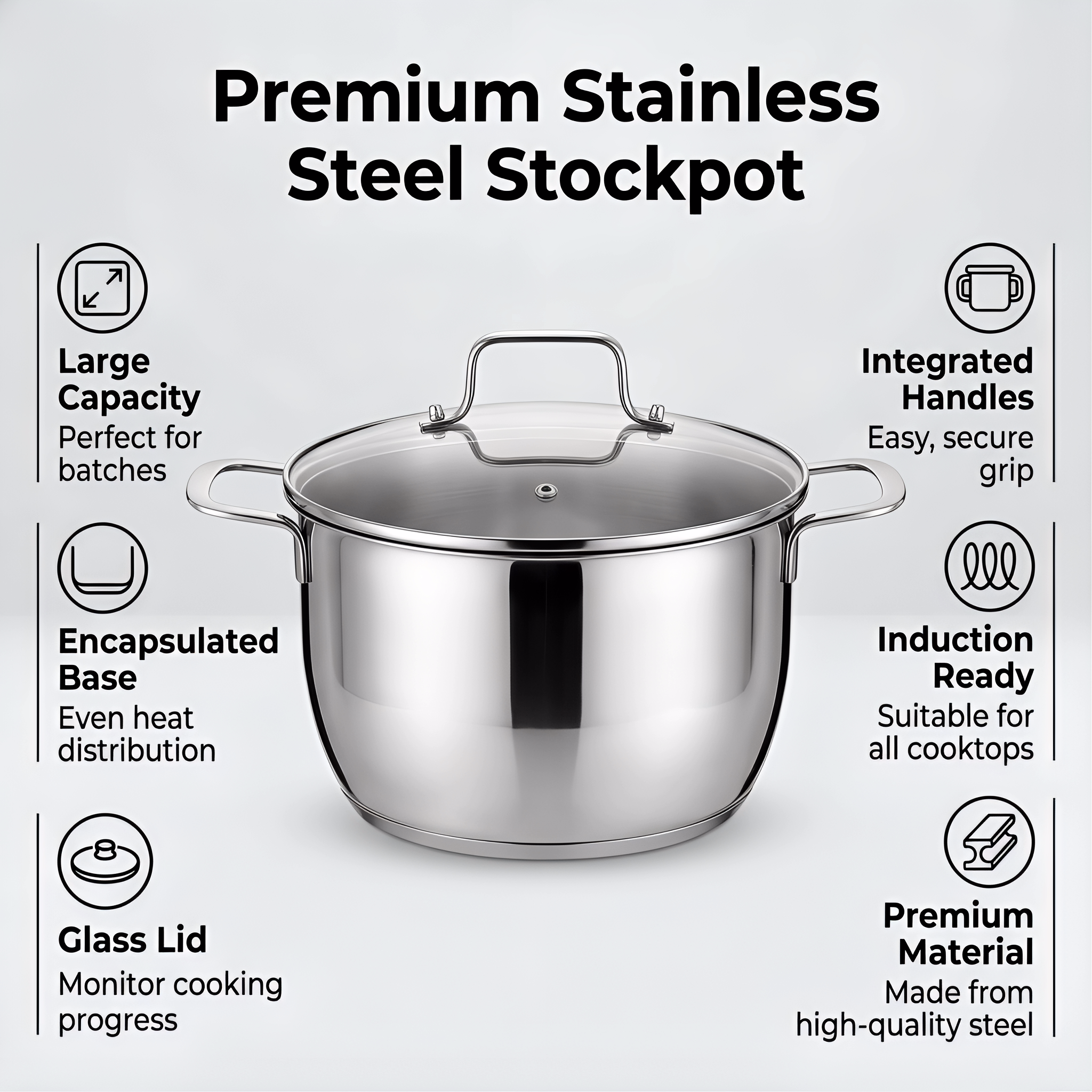 24cm Premium Stainless Steel Stock Pot with Glass Lid, Even Heat Distribution, Durable & Easy to Clean, Induction & All Cooktops Safe, Versatile Cooking Pot for Soups, Stews, Pasta