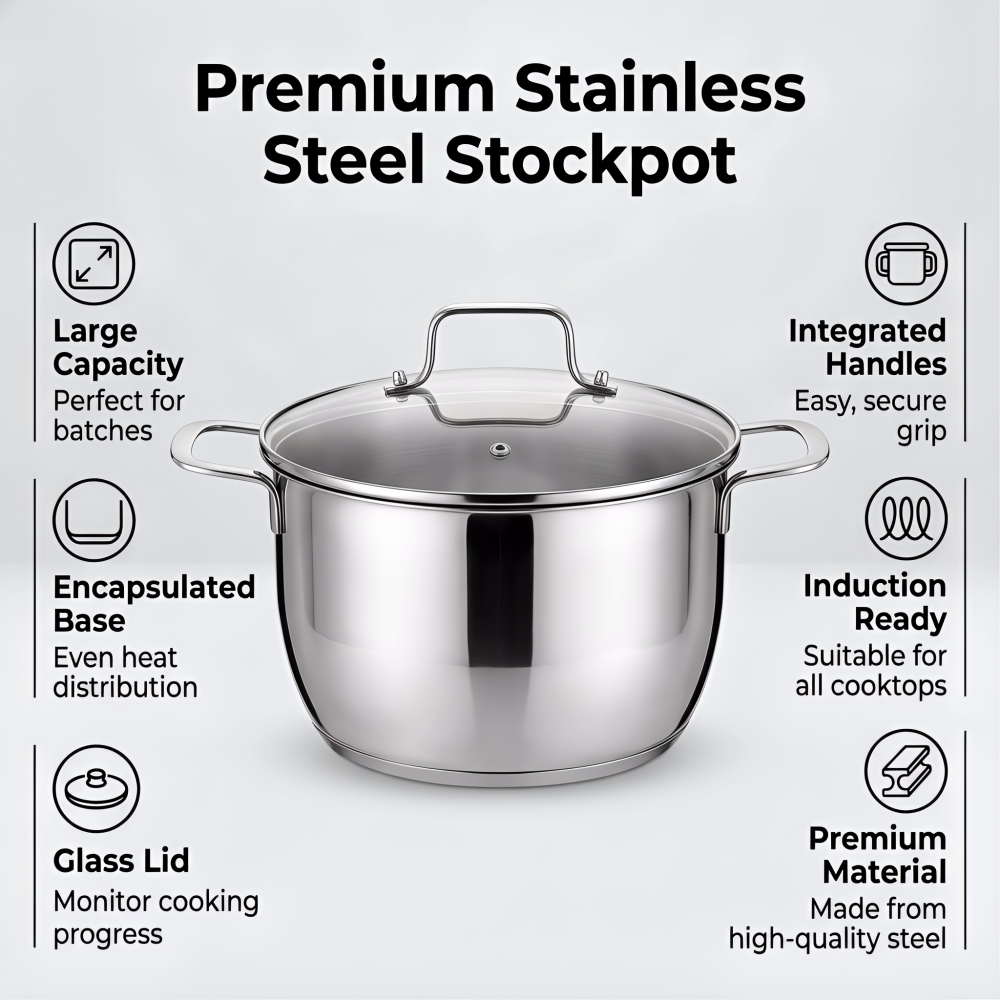 24cm Premium Stainless Steel Stock Pot with Glass Lid, Even Heat Distribution, Durable & Easy to Clean, Induction & All Cooktops Safe, Versatile Cooking Pot for Soups, Stews, Pasta