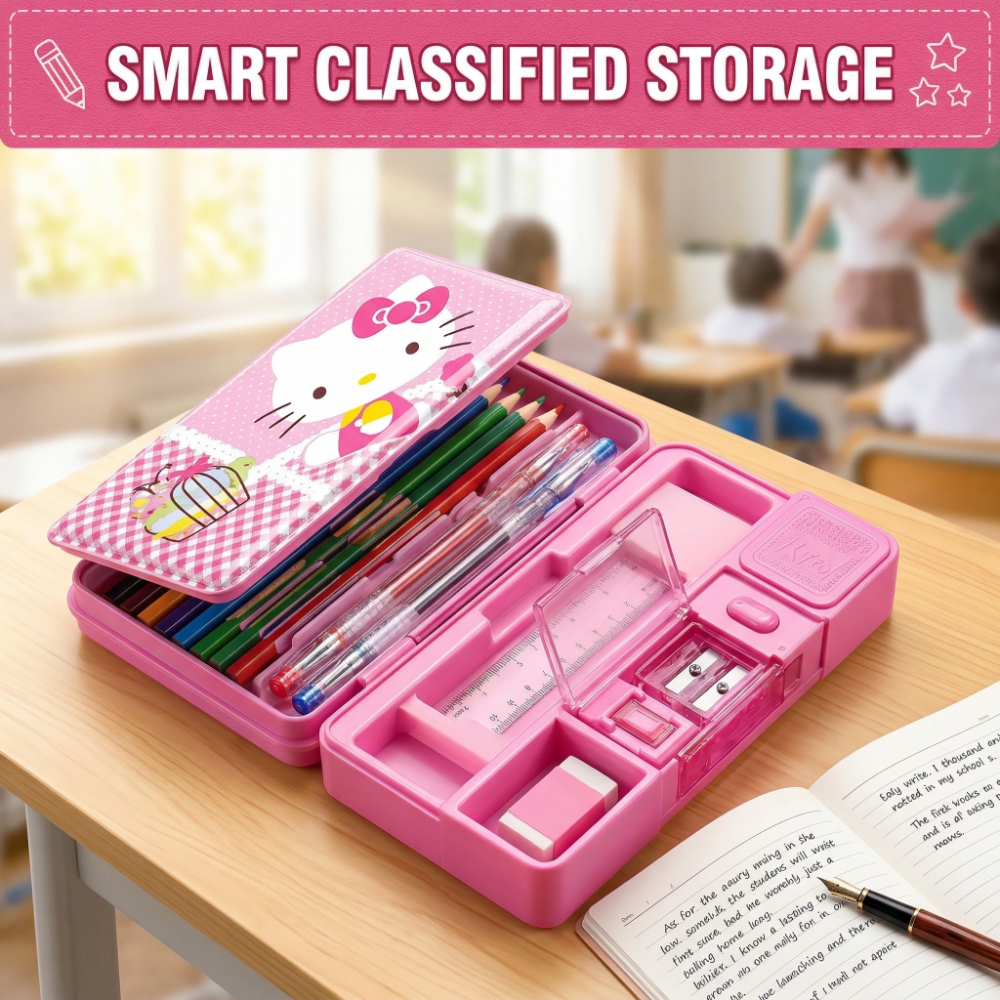 Multifunctional Hello Kitty Pencil Box, Smart Classified Storage Design - Pink School Pencil Case with Built-in Sharpener