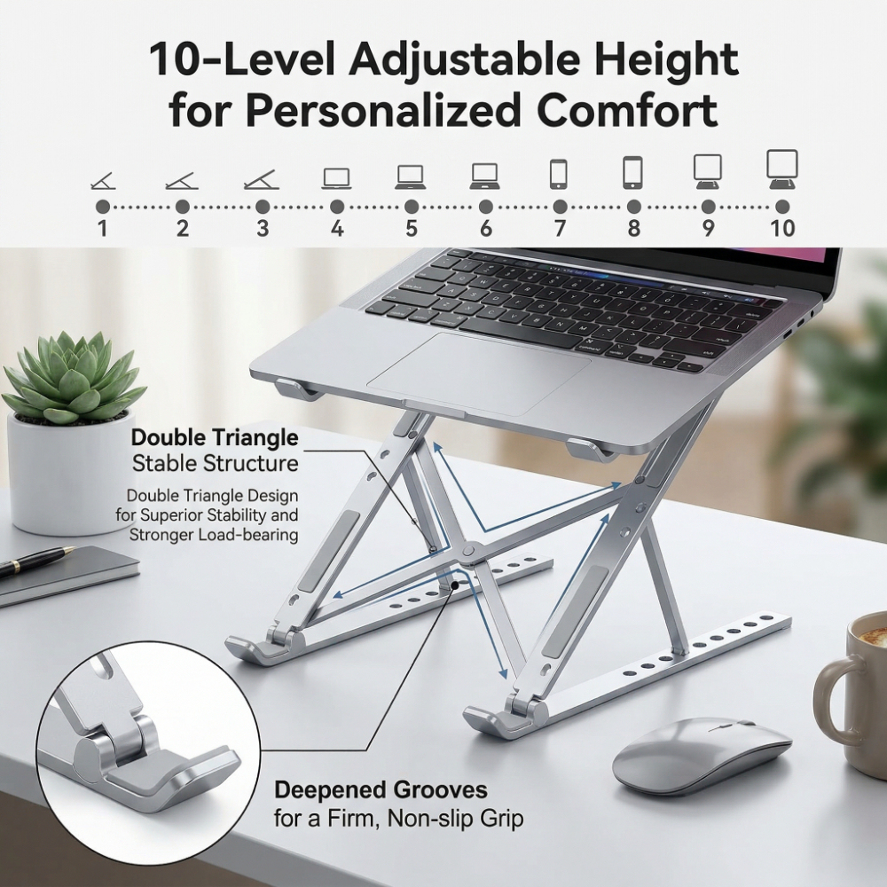 Laptop Stand with 10-Level Adjustable Height - Aluminum Alloy Foldable Laptop Riser with Double Triangle Stable Structure & Deepened Grooves